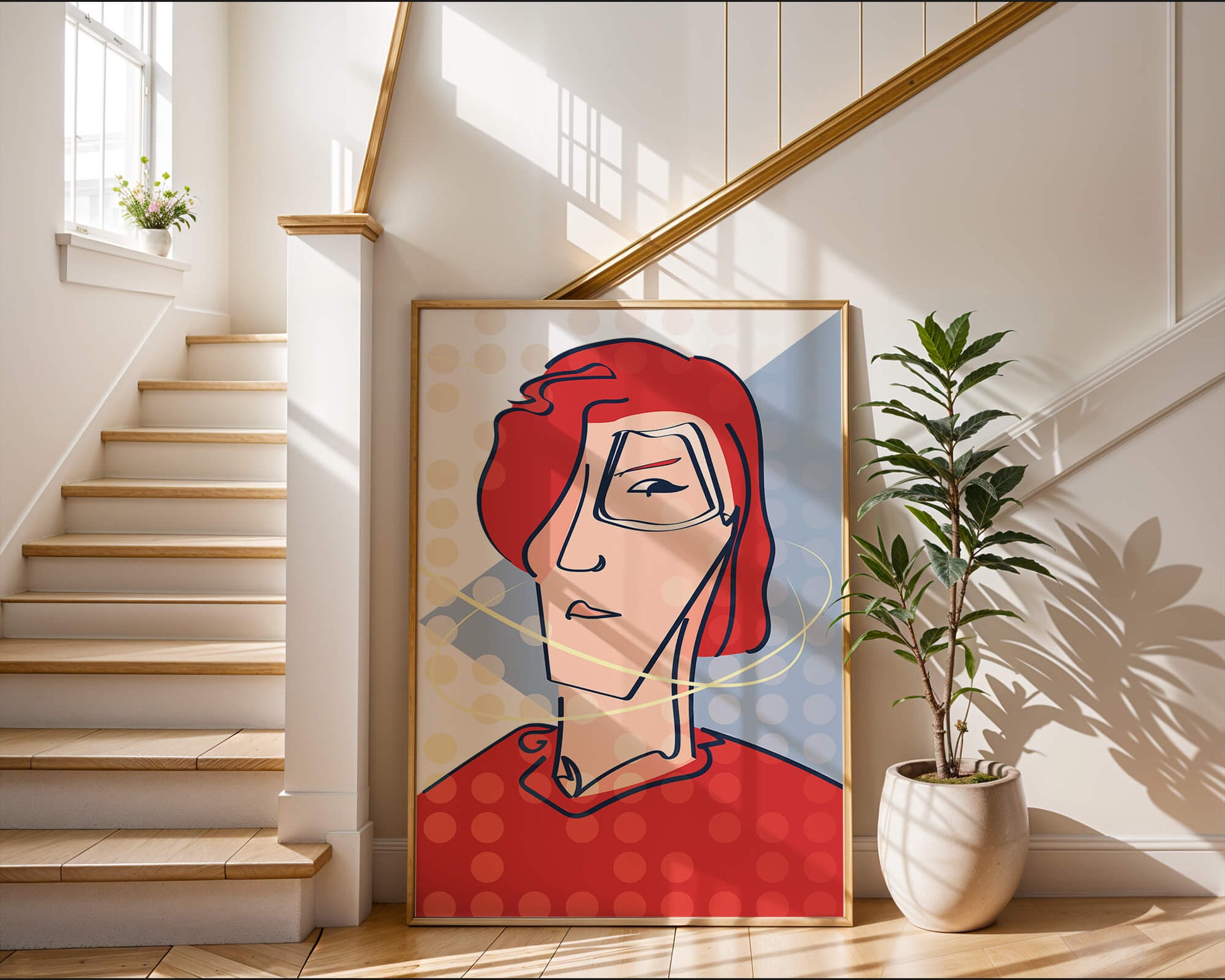 Retrato abstracto con cabello rojo y fondo punteado