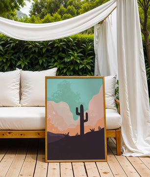 Abstract desert landscape with cactus silhouette at sunset