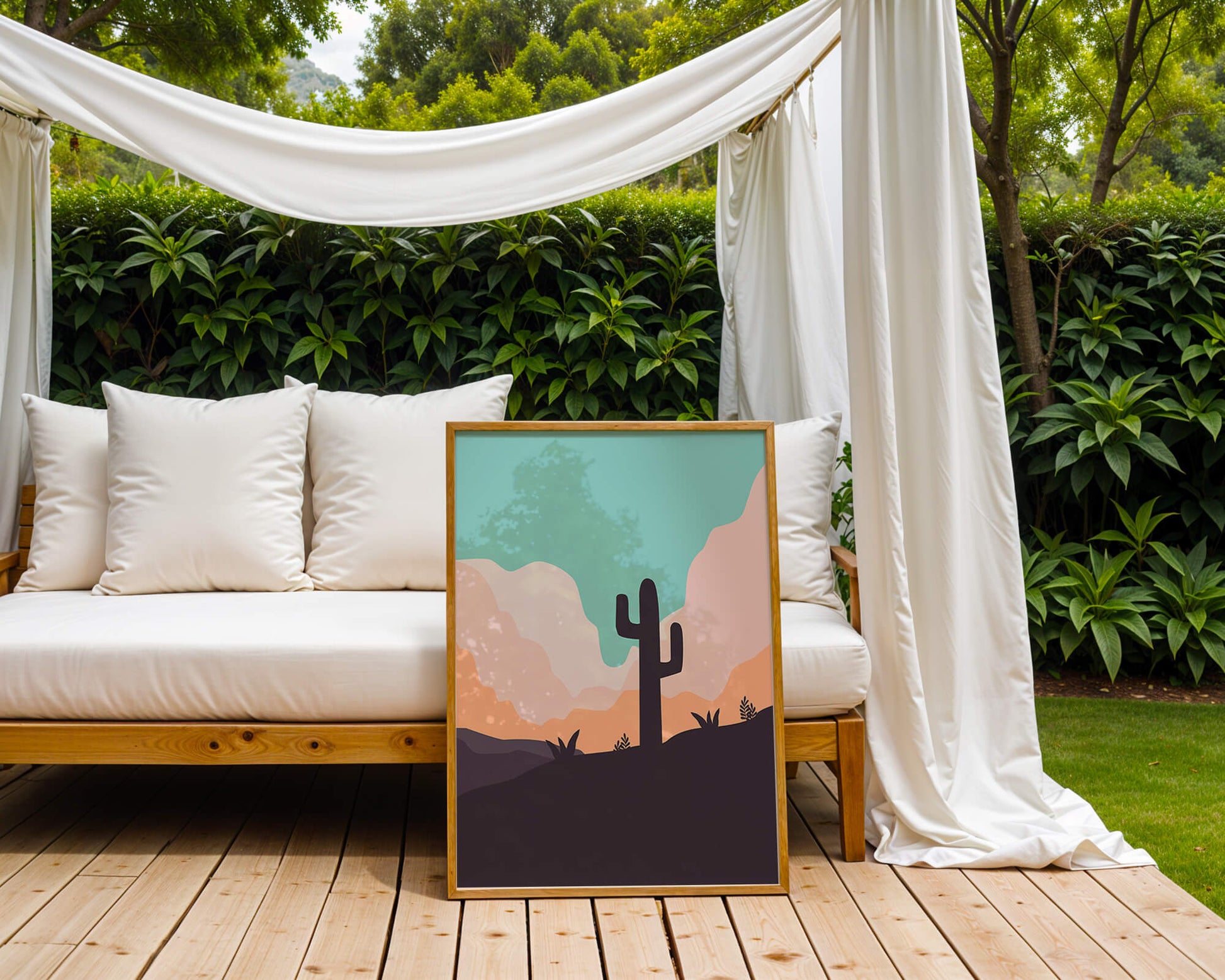 Abstract desert landscape with cactus silhouette at sunset