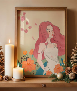 Illustration of a serene woman in a floral dress with flowing red hair