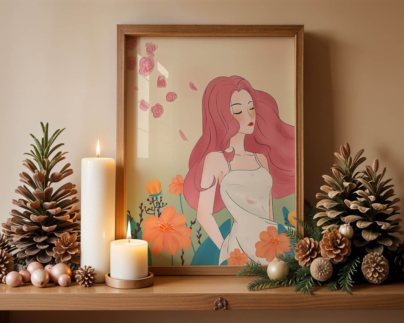 Illustration of a serene woman in a floral dress with flowing red hair
