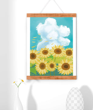 Sonnenblumen in einer hellen Wiese mit blauem Himmel und Wolken
