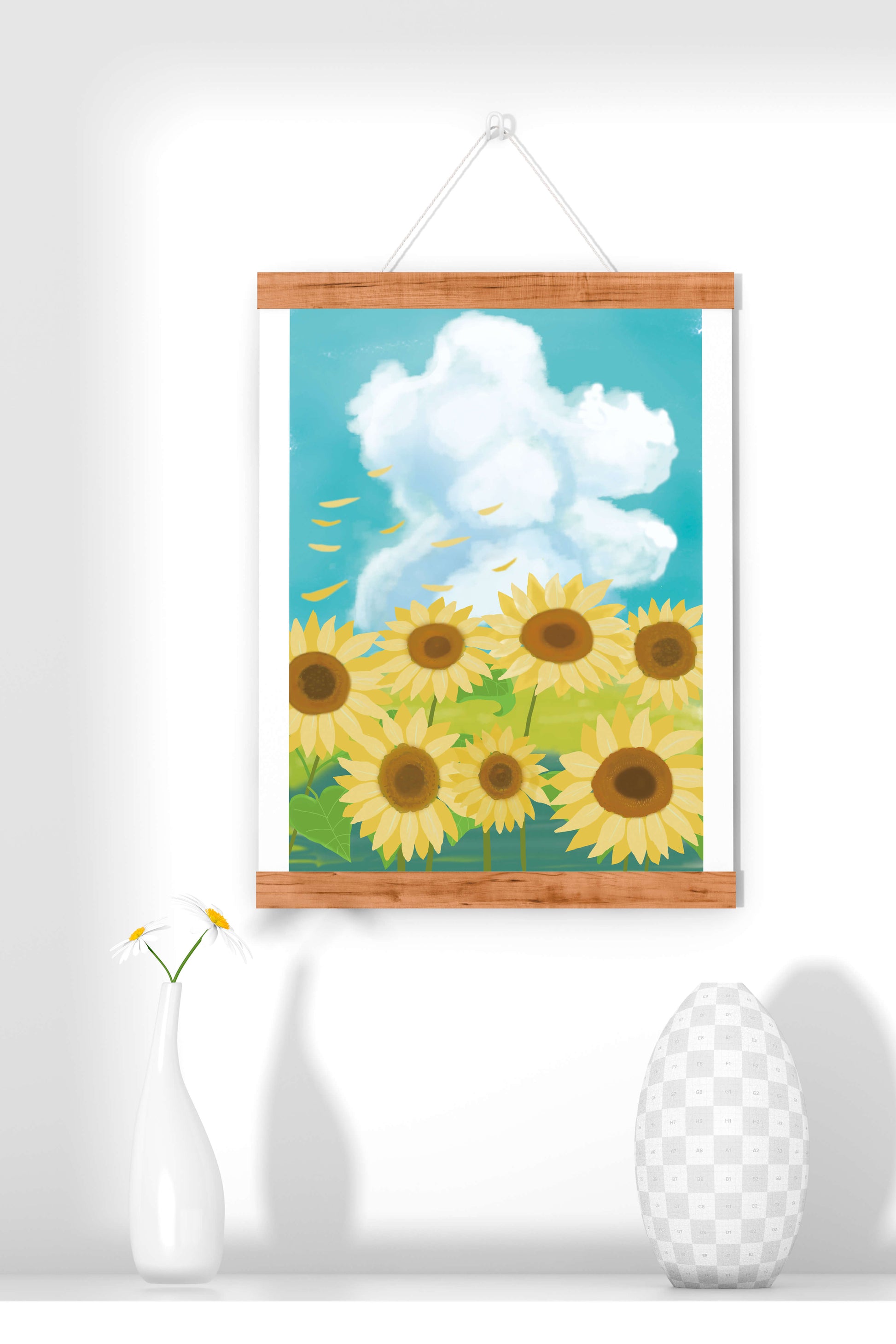 Girasoles en un prado brillante con cielo azul y nubes