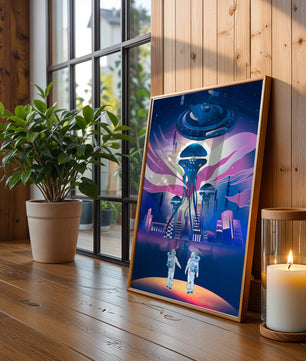 Futuristic Space City With Alien Creatures and Astronauts