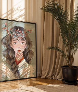 Illustration d'une jeune femme avec une coiffe florale sur fond de ciel nuageux