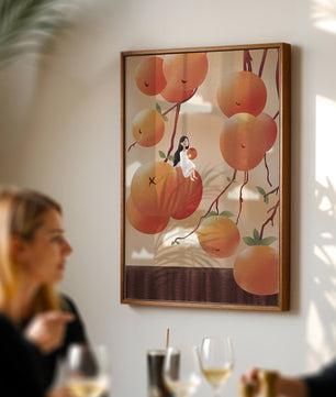 Whimsical illustration of girl with giant oranges and branches