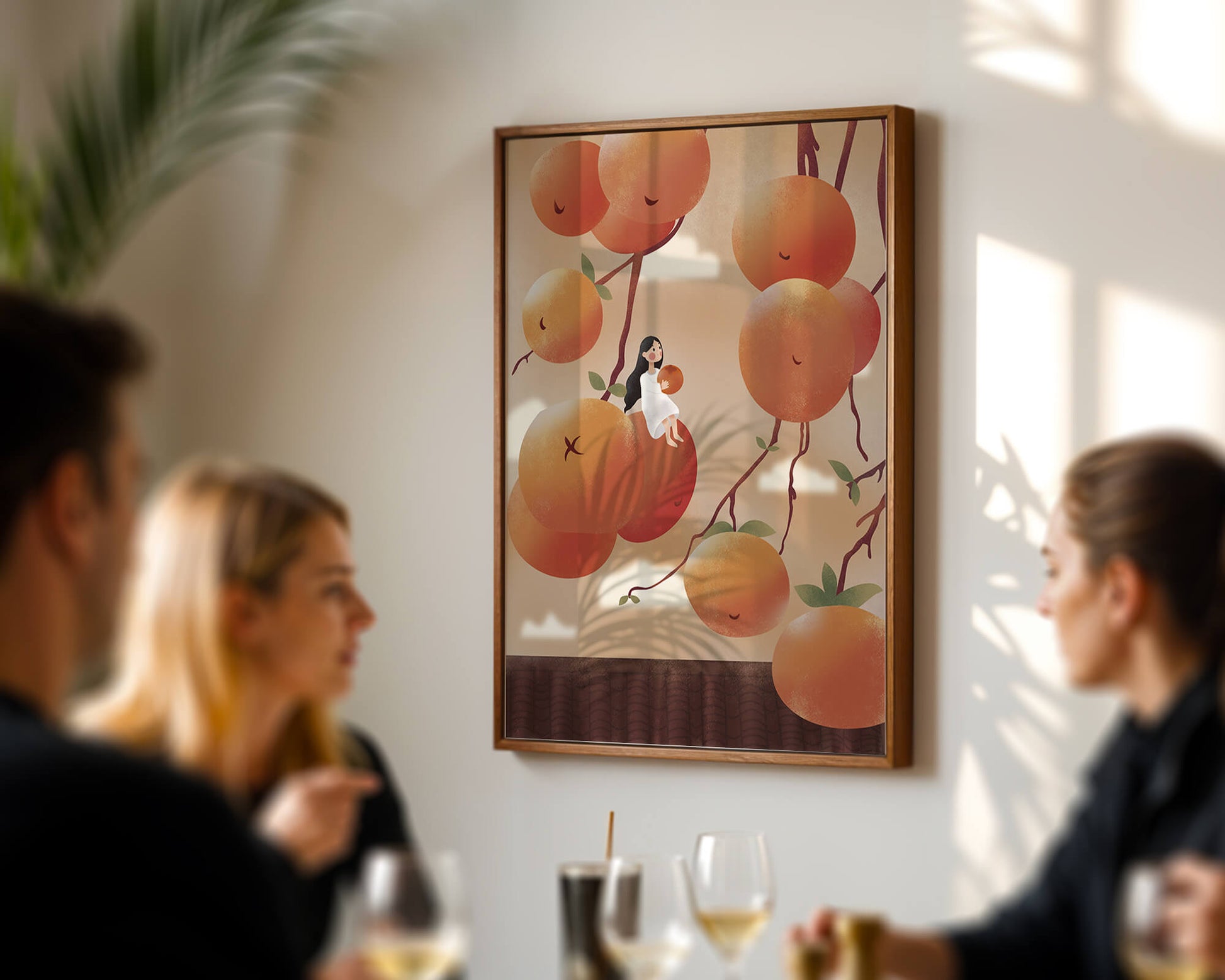 Whimsical illustration of girl with giant oranges and branches