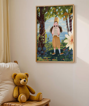 Whimsical Illustration of a Girl in Nature with Golden Hat