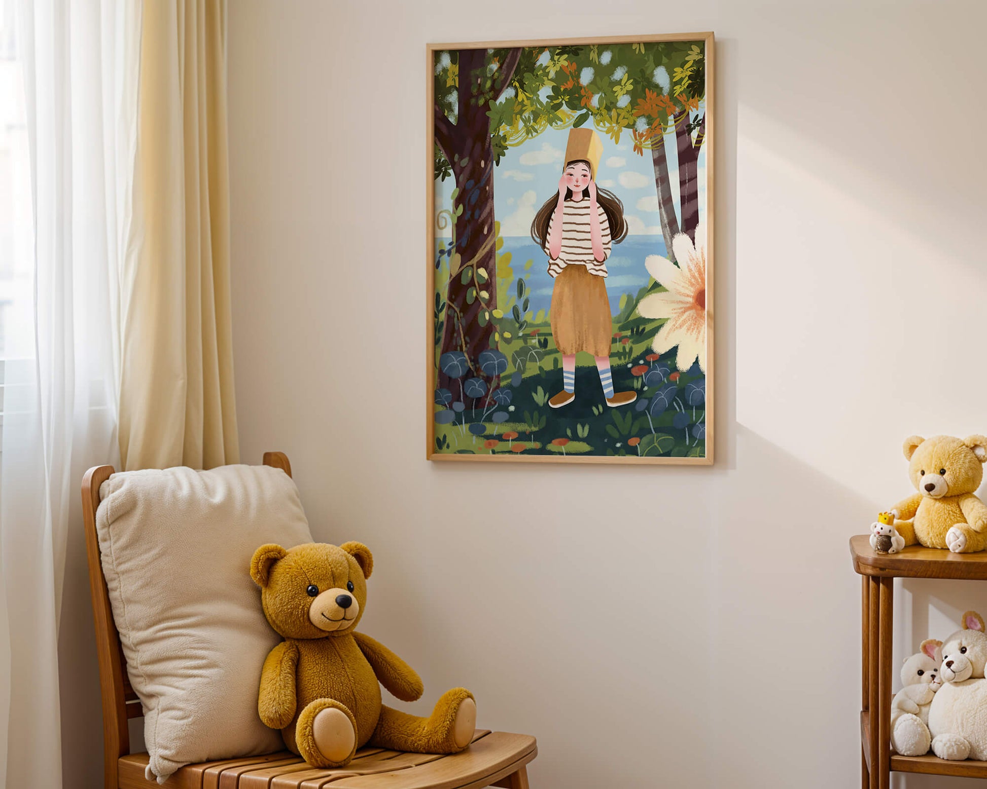 Whimsical Illustration of a Girl in Nature with Golden Hat