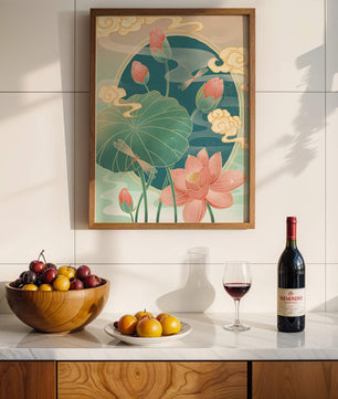 Ruhiges orientalisches Lotus-Design mit Libellen und Wolken