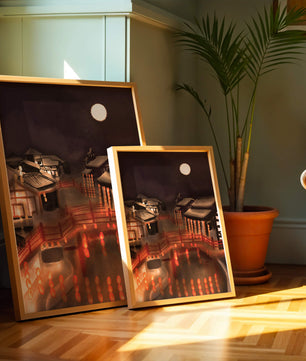 Traditional Japanese village at night with lanterns and full moon