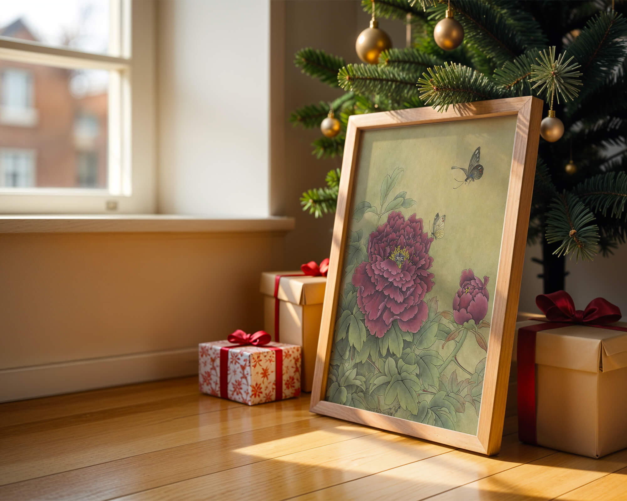 Delicate peonies with butterflies in a serene natural setting