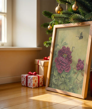 Delicate peonies with butterflies in a serene natural setting