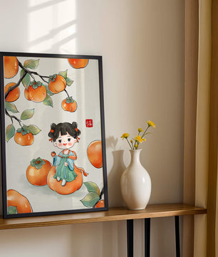 Illustration of a girl sitting on a persimmon surrounded by fruit and leaves