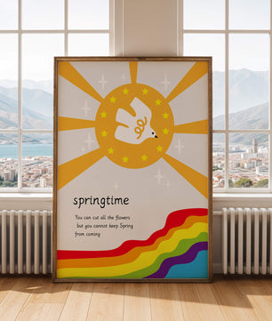 Colorful springtime illustration with dove and rainbow