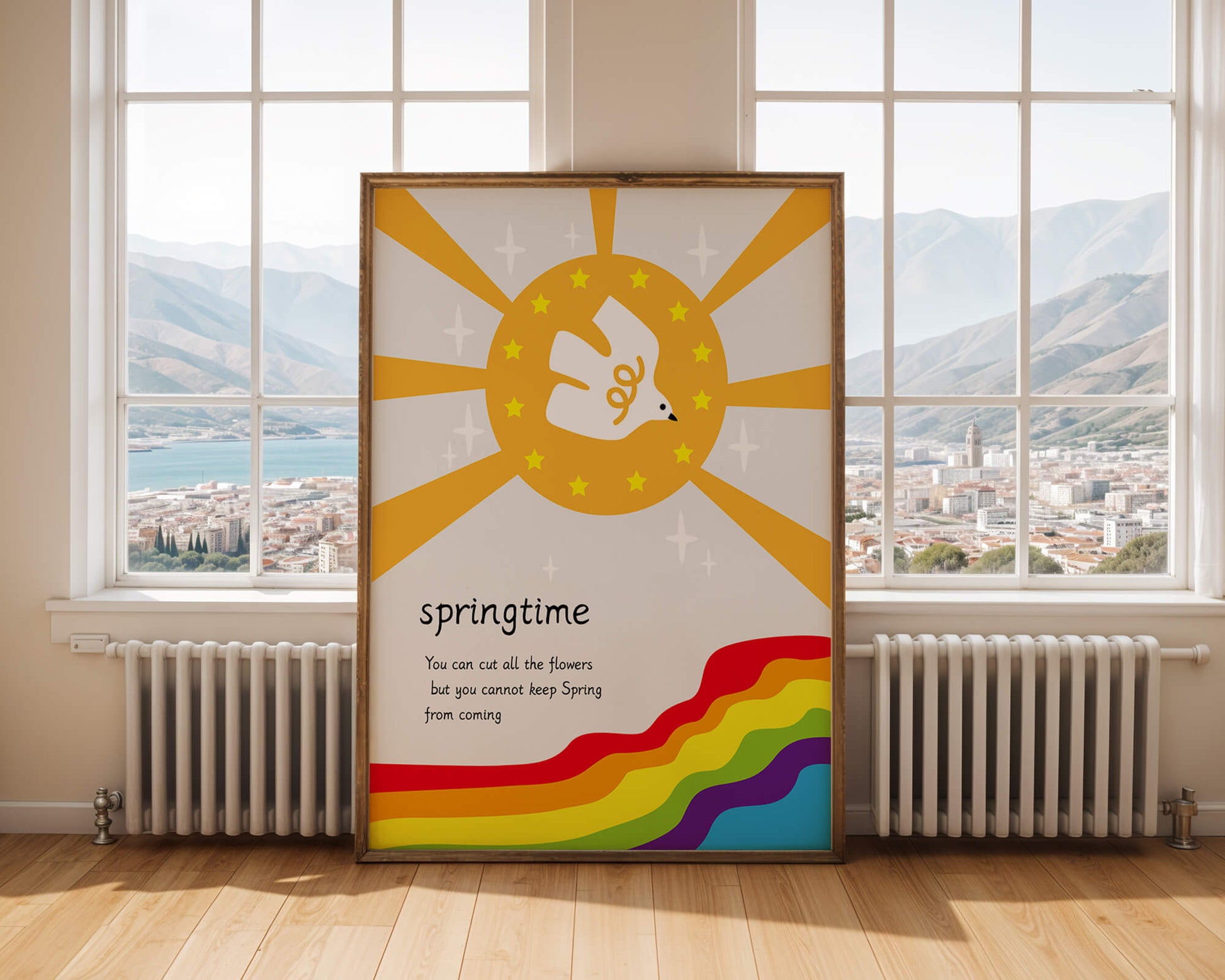 Colorful springtime illustration with dove and rainbow