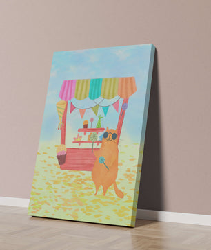 Gato ilustrado con gafas de sol en un puesto de dulces colorido