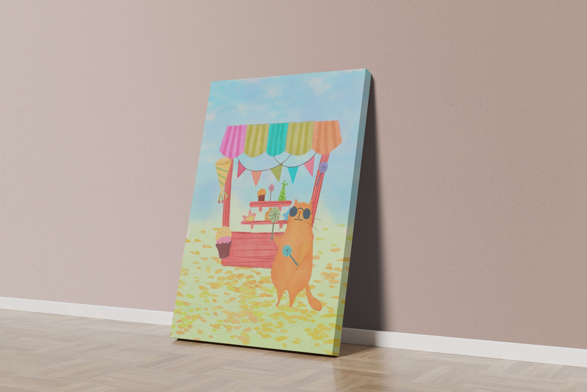 Illustrated Cat with Sunglasses at a Colorful Candy Stand