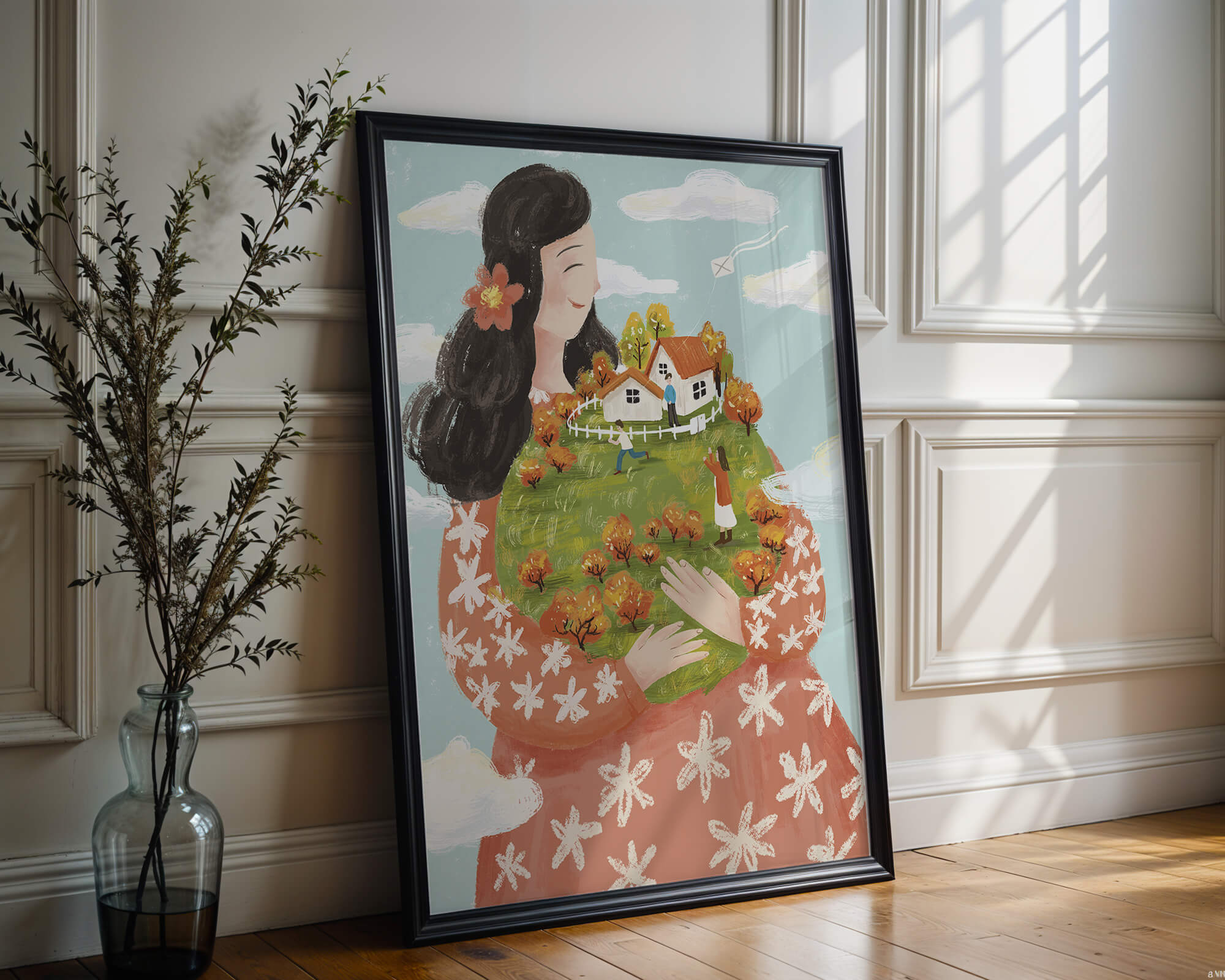Whimsical Woman Holding Miniature Landscape with Family and Houses
