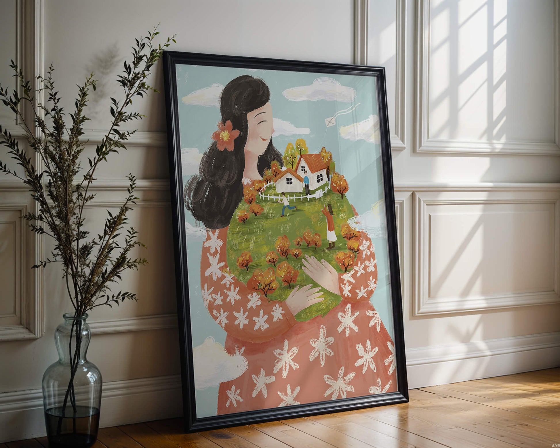 Whimsical Woman Holding Miniature Landscape with Family and Houses