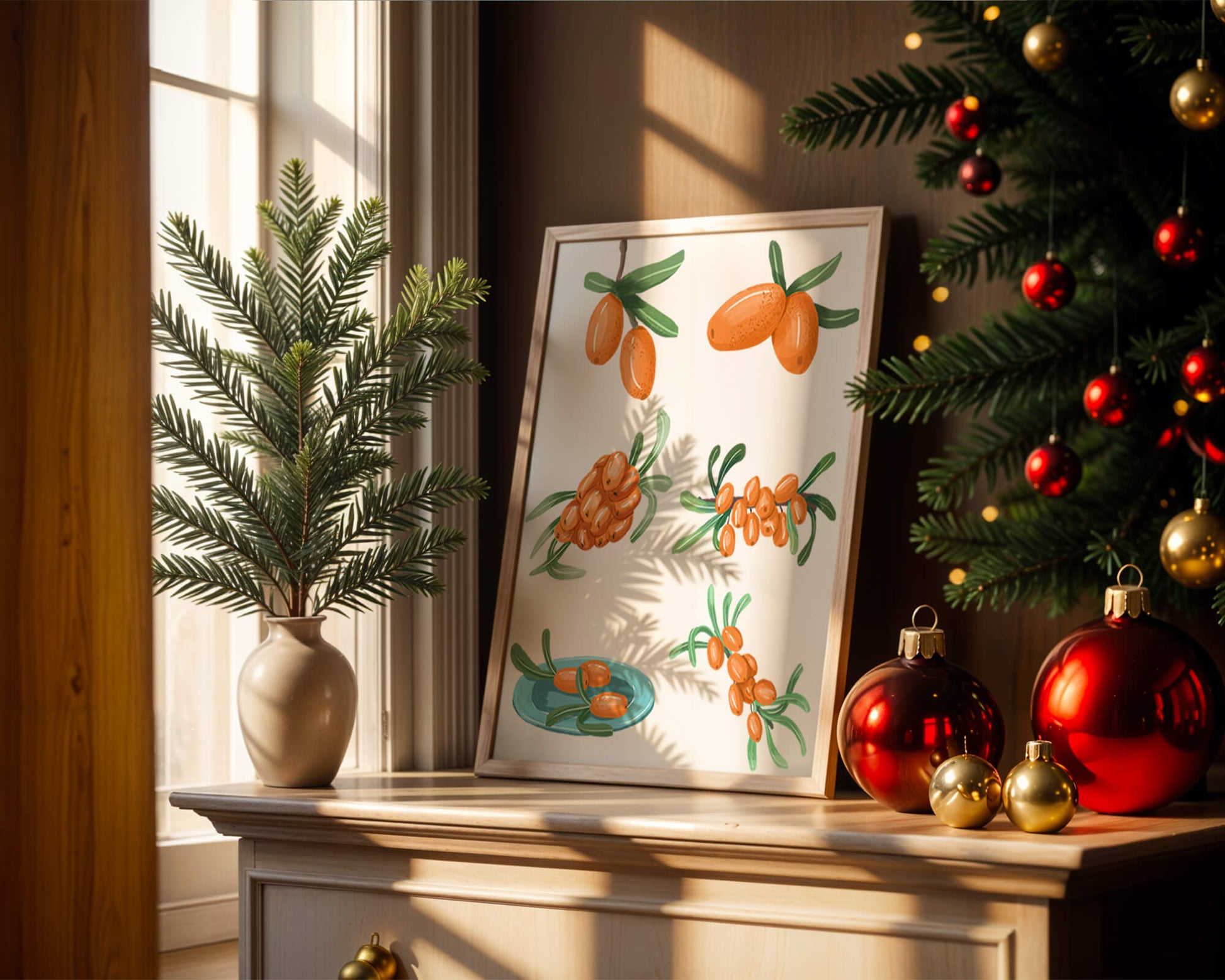 Illustrations of seabuckthorn berries with green leaves
