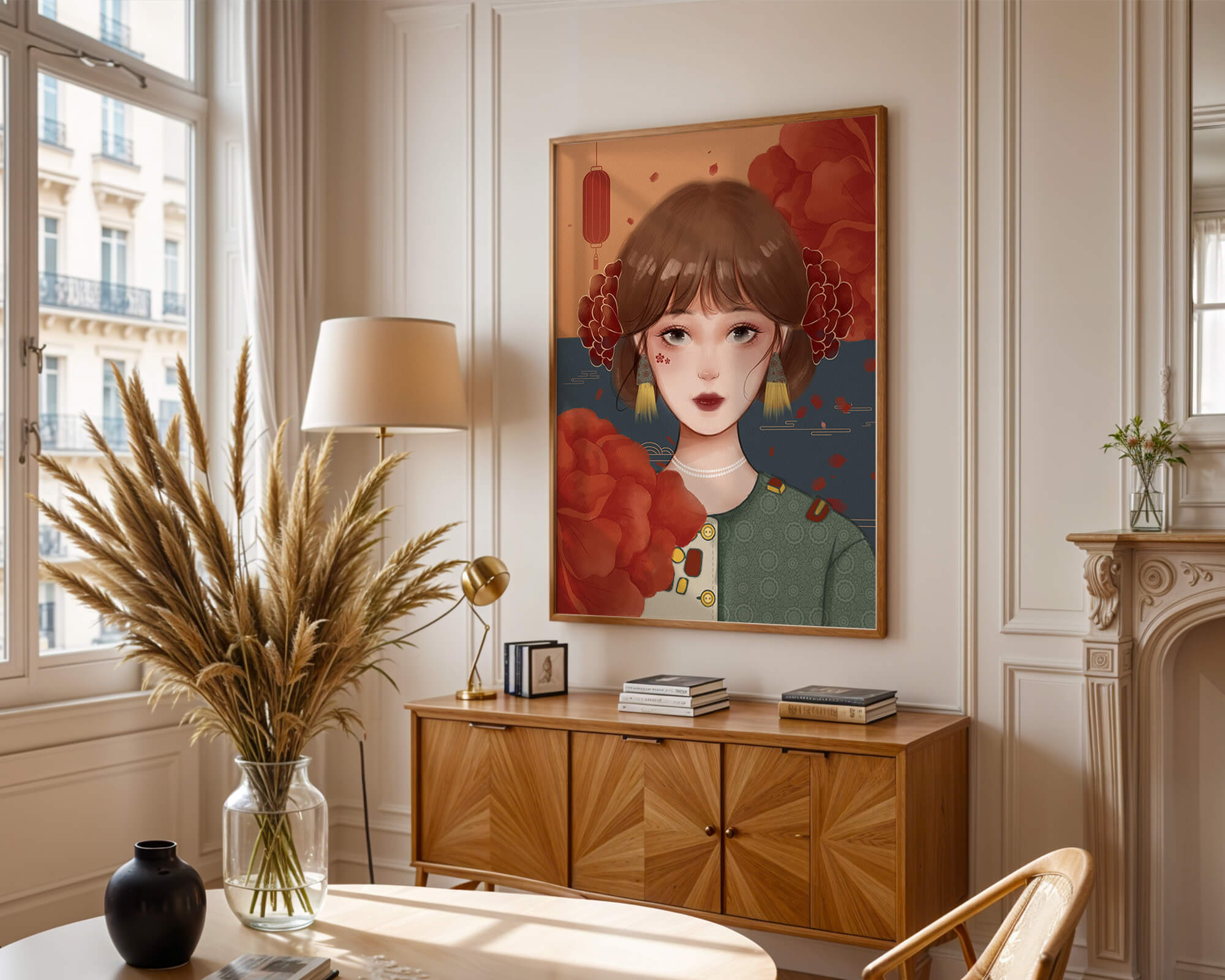 Illustration of a woman adorned with floral elements and traditional accessories