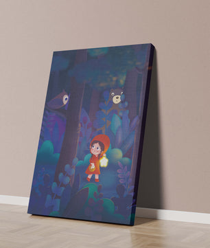 Little Girl in Red Hood Exploring Enchanted Forest at Night with Owl and Bear