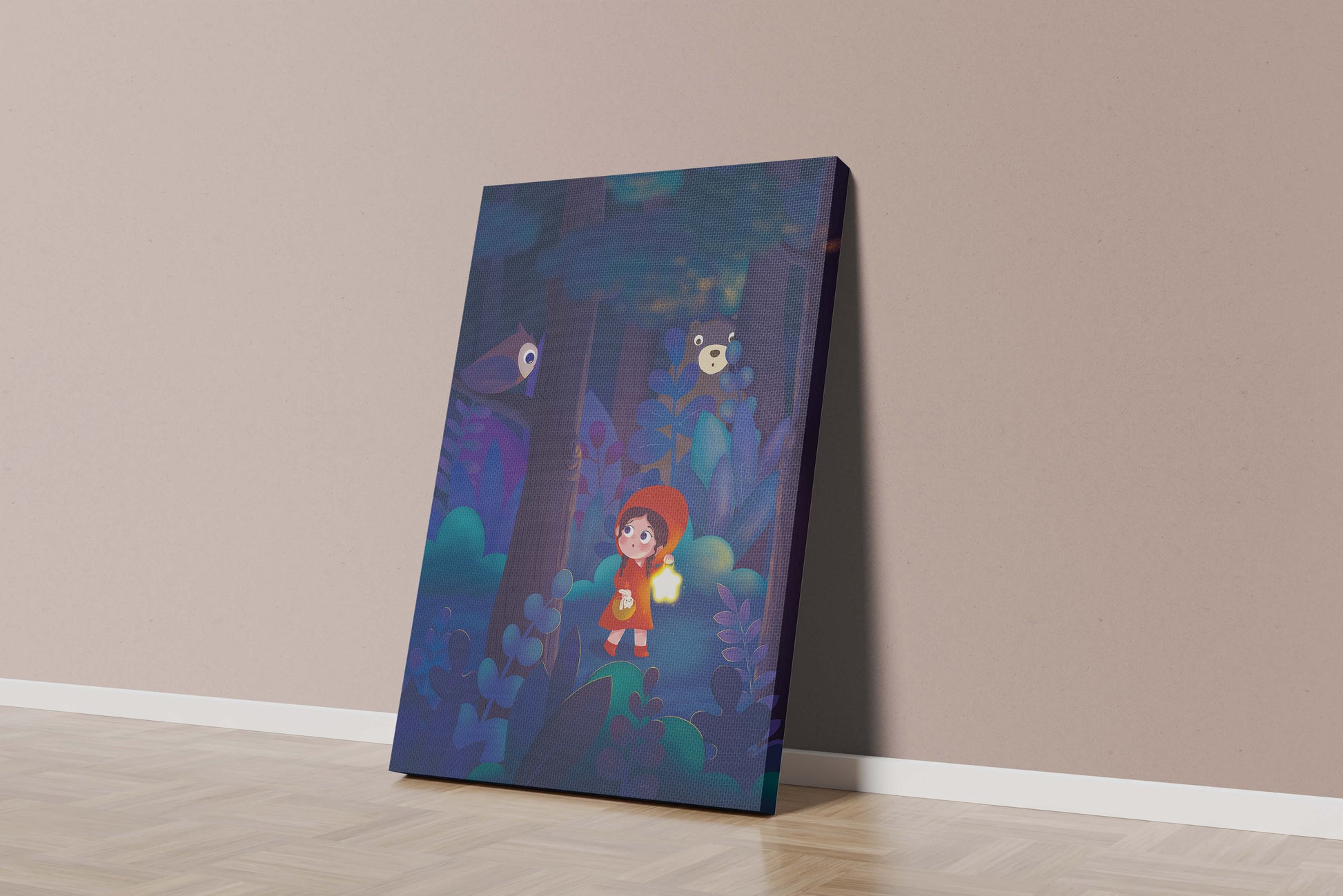 Little Girl in Red Hood Exploring Enchanted Forest at Night with Owl and Bear