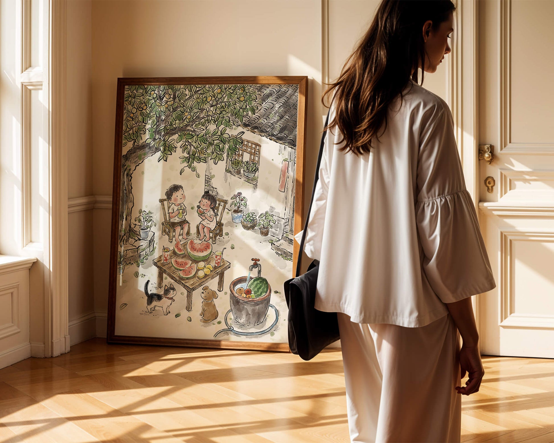 Encuentro acogedor en el patio trasero de verano con sandía y mascotas