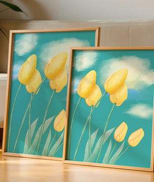 Stylized yellow tulips against a cloudy blue sky background