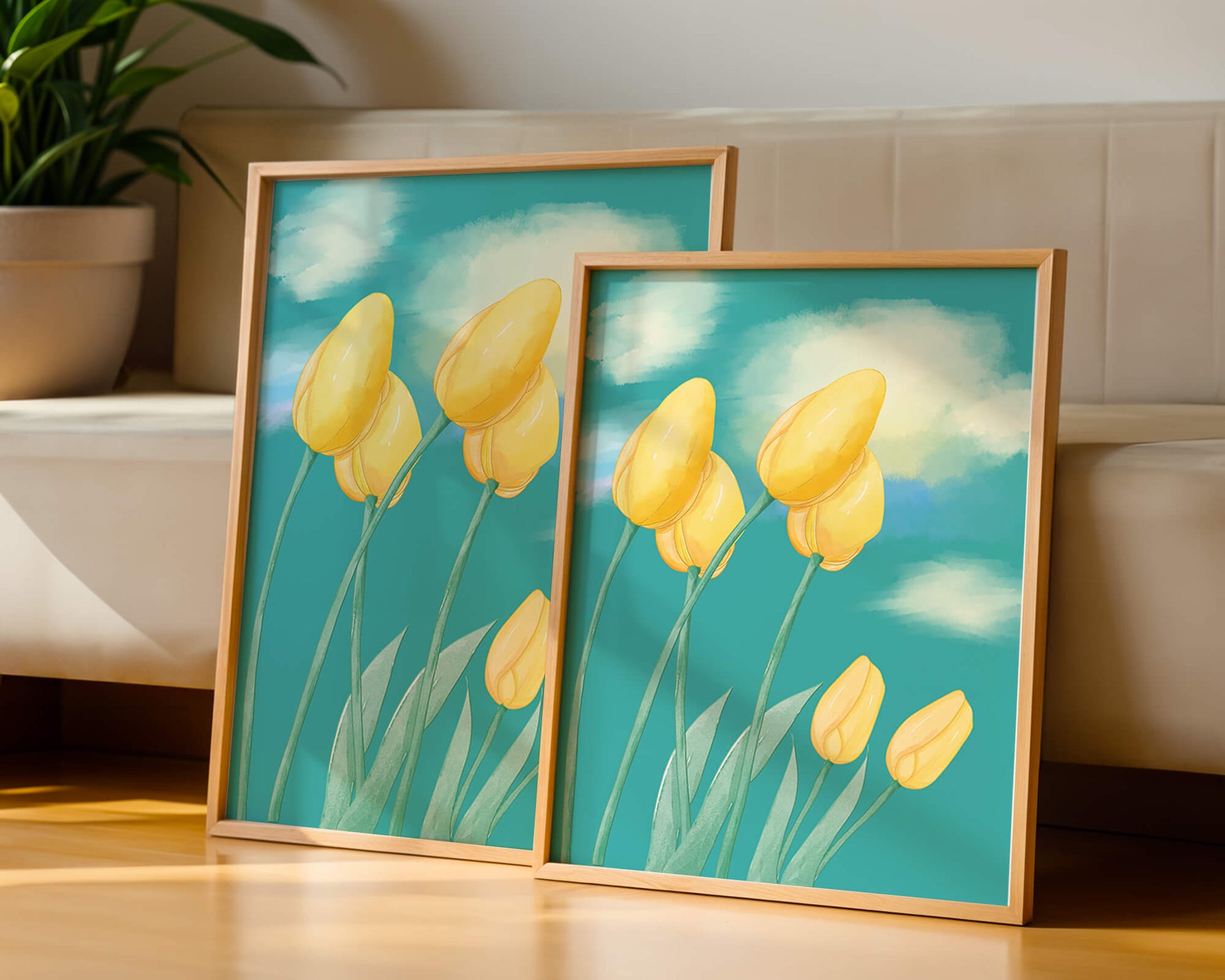 Stylized yellow tulips against a cloudy blue sky background
