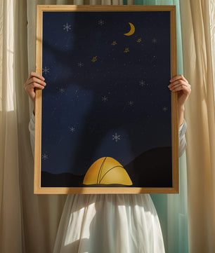 Camping Under Night Sky with Stars and Crescent Moon