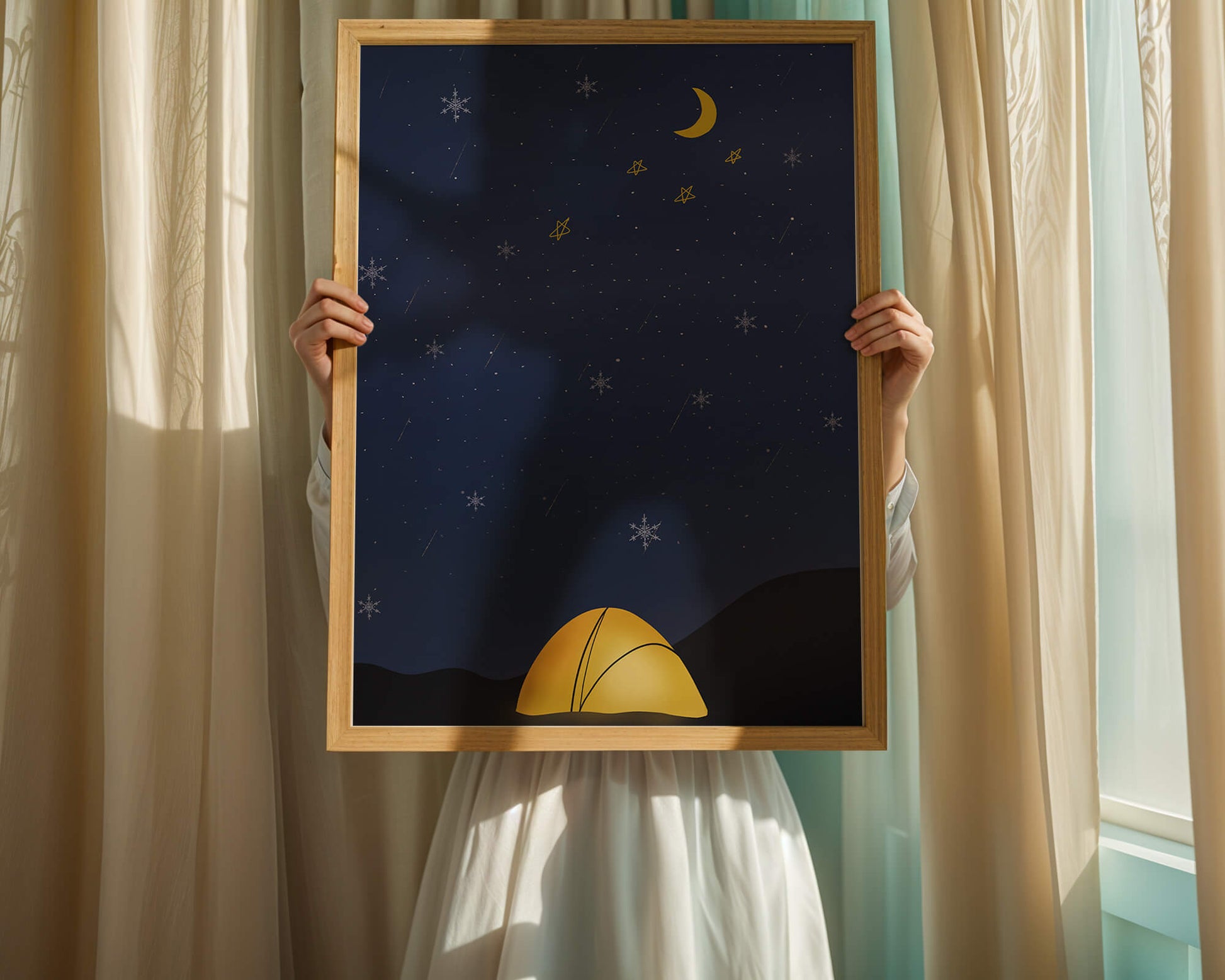 Camping Under Night Sky with Stars and Crescent Moon