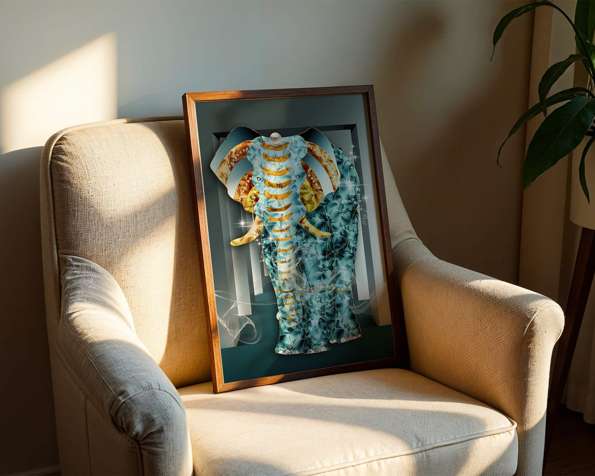 Elephant with Gold and Blue Textures in Surreal Geometric Background