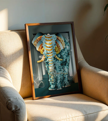 Elephant with Gold and Blue Textures in Surreal Geometric Background