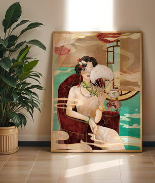 Œuvre d'art élégante d'inspiration asiatique vintage représentant une femme avec un éventail