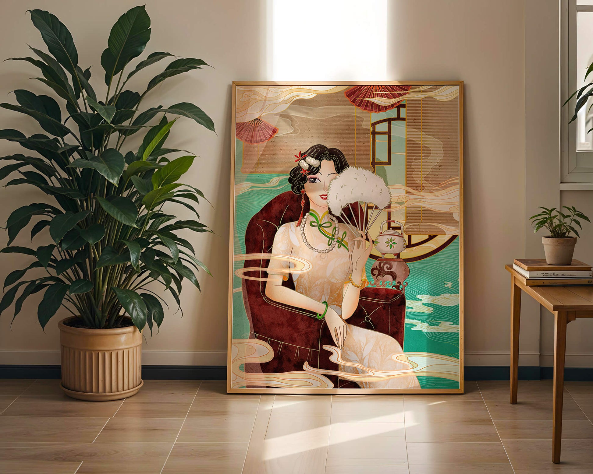 Elegant vintage Asian-inspired artwork featuring a woman with a fan