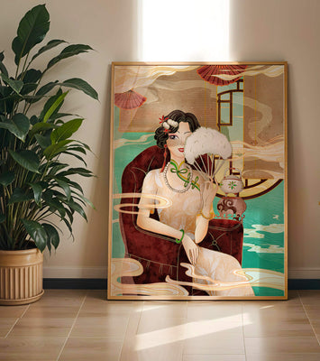 Elegant vintage Asian-inspired artwork featuring a woman with a fan