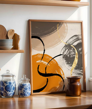 Abstract Art with Orange, Black, and Gold Brushstrokes - Mi tienda