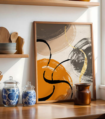Abstract Art with Orange, Black, and Gold Brushstrokes