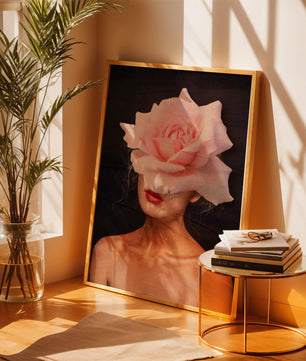 Woman with a Rose Head and Red Lips on a Dark Background - Mi tienda
