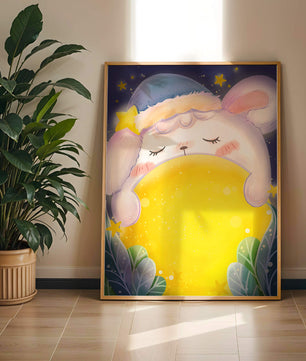 Sleepy rabbit with starry hat holding a glowing ball in a dreamy night scene