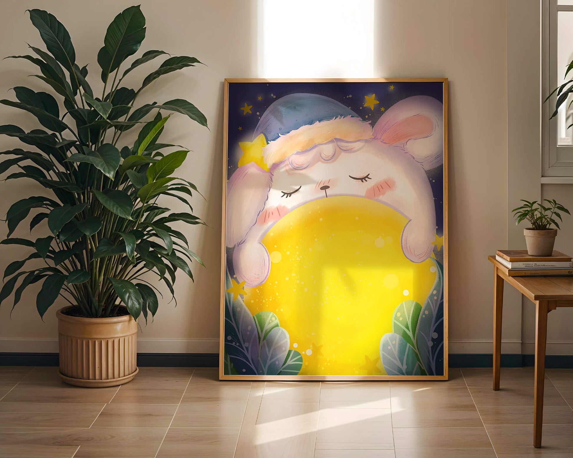 Sleepy rabbit with starry hat holding a glowing ball in a dreamy night scene