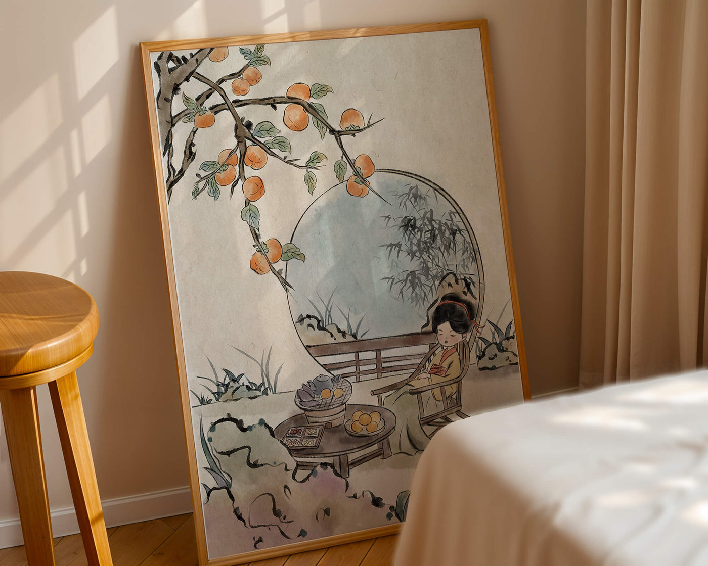 Tranquil garden scene with persimmons and serene figure