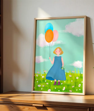 Girl with balloons in a field of daisies under a blue sky