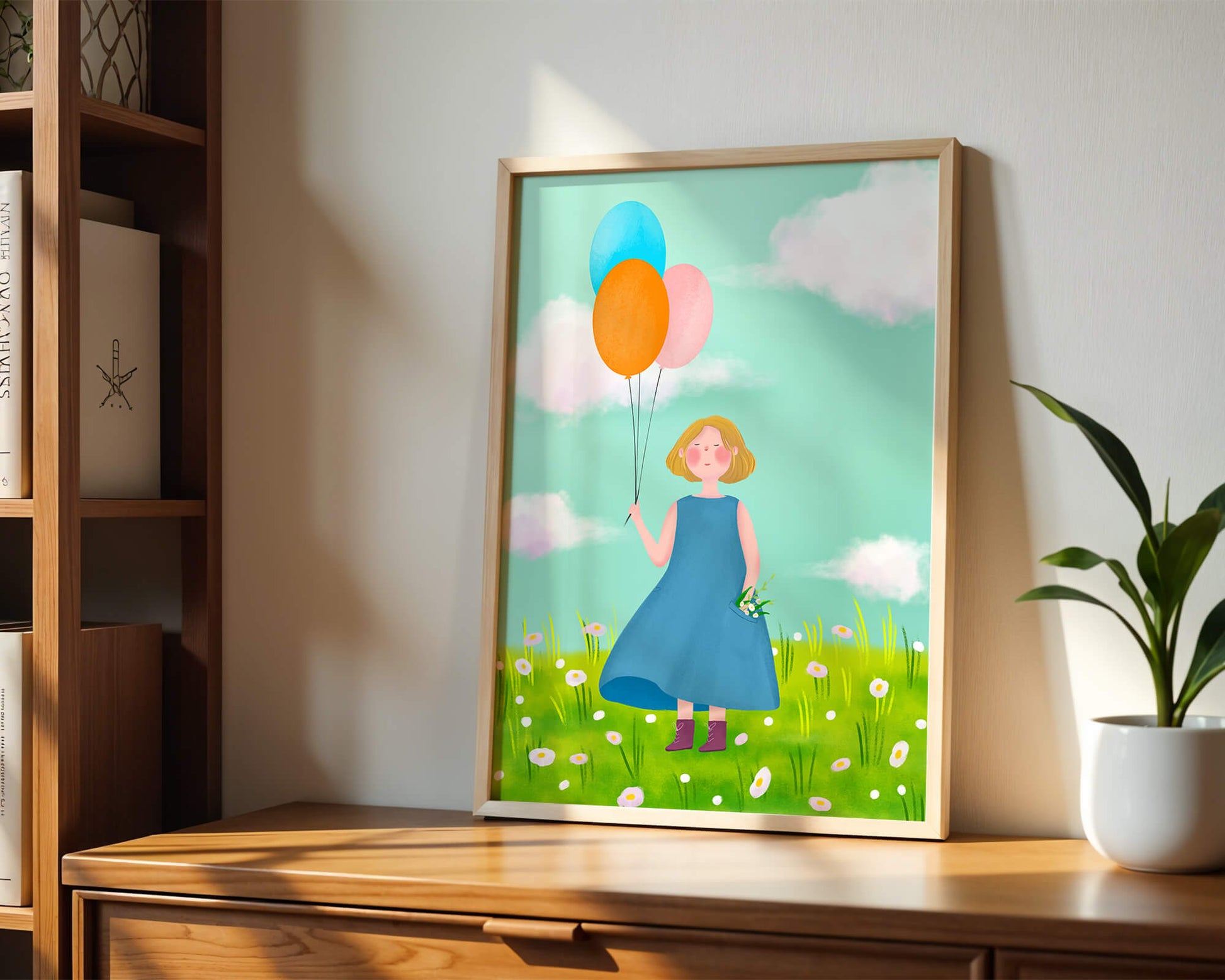 Girl with balloons in a field of daisies under a blue sky