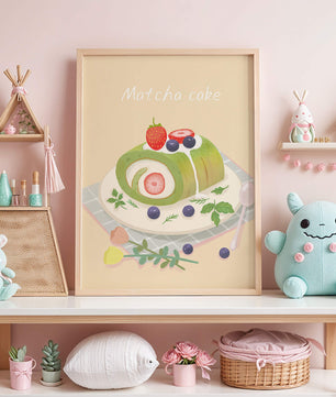 Illustration of a Matcha Roll Cake with Fresh Berries on Pastel Background - Mi tienda