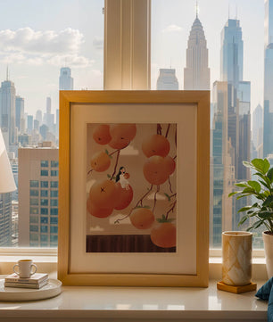 Whimsical illustration of girl with giant oranges and branches