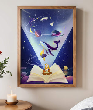Imaginative galaxy scene with books and a child