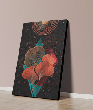 Traducción al español: Ilustración floral cósmica abstracta con elementos geométricos y acentos dorados